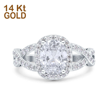 14K White Gold Infinity Twisted Shank Art Deco Oval Wedding Ring Simulated Cubic Zirconia Size-7